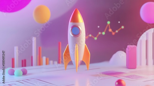 A cartoon rocket ship taking off in front of a colorful background with charts, graphs, and abstract shapes, representing growth, progress, and success.