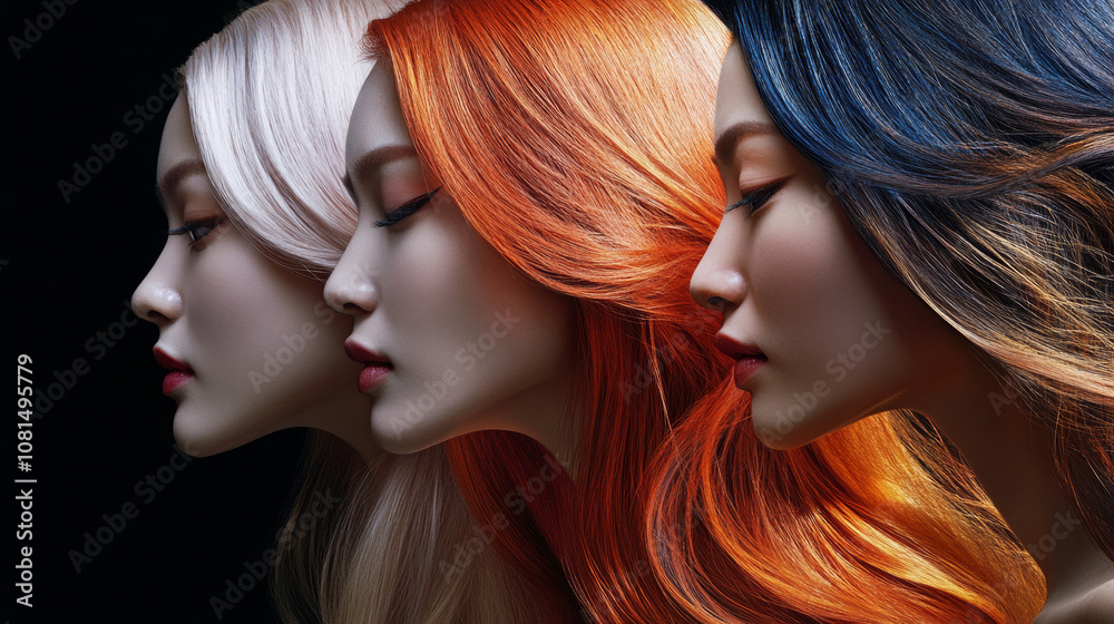 Portait of beautiful women with long wavy brunette orange white hair elegant fashion background with copy space. for hair care advertising barber shop spa salon Portait of beautiful women with long wavy brunette orange white hair elegant fashion background with copy space. for hair care advertising barber shop spa salon
