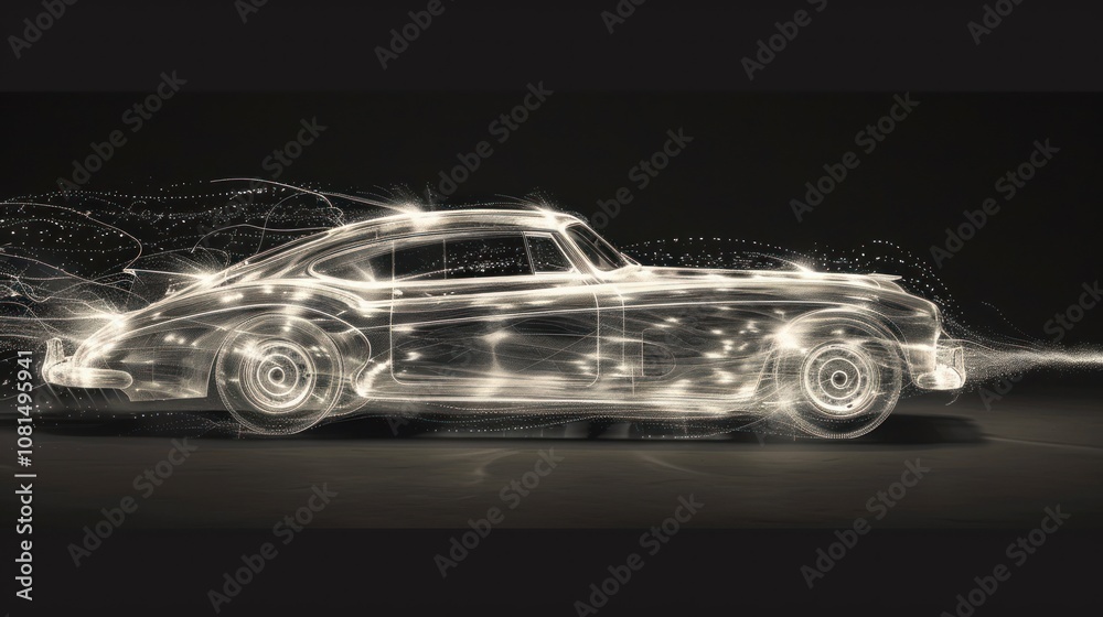 A classic car rendered in a futuristic, digital style, with a glowing outline and blurred lines emanating from it, creating a sense of motion and speed. A classic car rendered in a futuristic, digital style, with a glowing outline and blurred lines emanating from it, creating a sense of motion and speed.