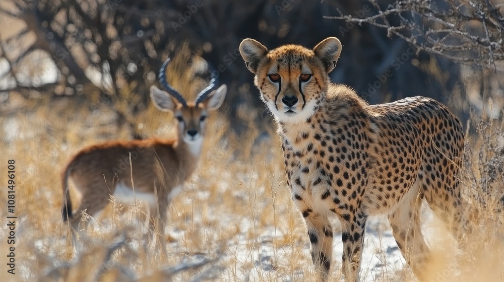 A cheetah stares intensely at a gazelle in the grasslands. A cheetah stares intensely at a gazelle in the grasslands.