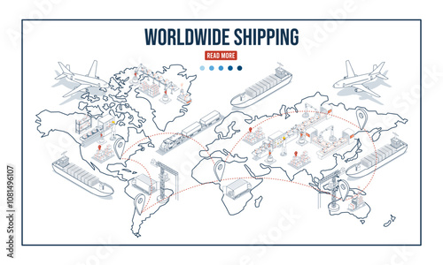 International shipping is the cross-border transport and delivery of goods, managing everything from exports and imports to warehousing and logistics. Vector illustration EPS10