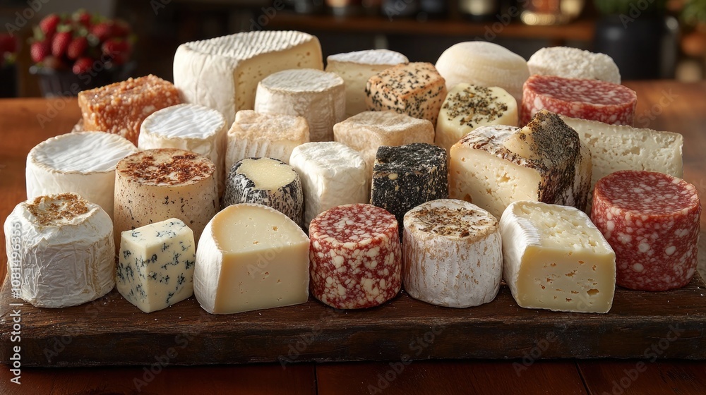 A variety of cheeses and salami on a wooden cutting board. A variety of cheeses and salami on a wooden cutting board.