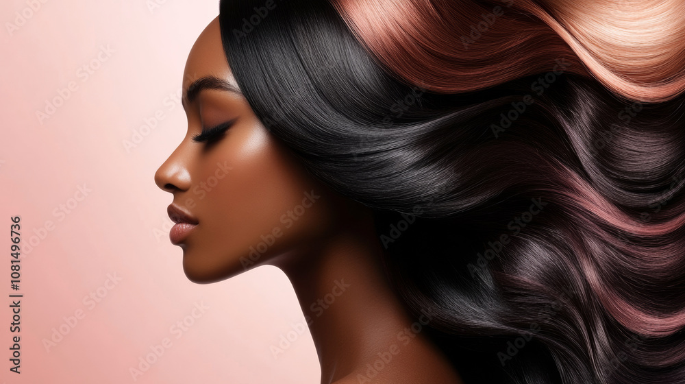 Portait of a beautiful woman with long wavy brunette hair elegant fashion background with copy space. for hair care advertising barber shop spa salon Portait of a beautiful woman with long wavy brunette hair elegant fashion background with copy space. for hair care advertising barber shop spa salon