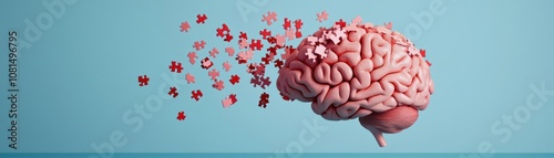 Abstract human brain with puzzle pieces falling off, symbolizing mental health treatment and healing
