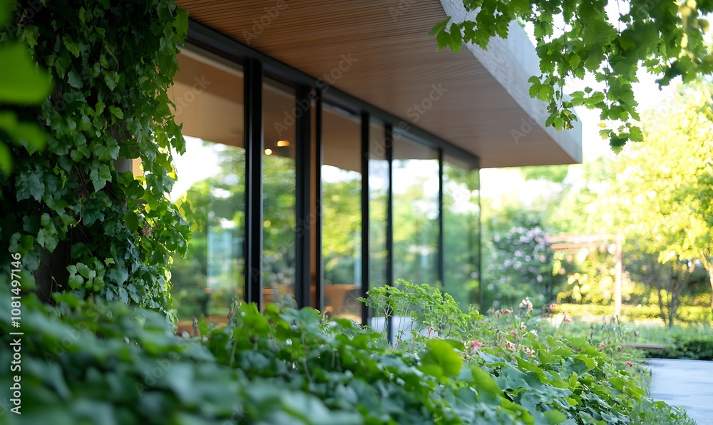 Modern home with large glass windows and lush green foliage. Modern home with large glass windows and lush green foliage.