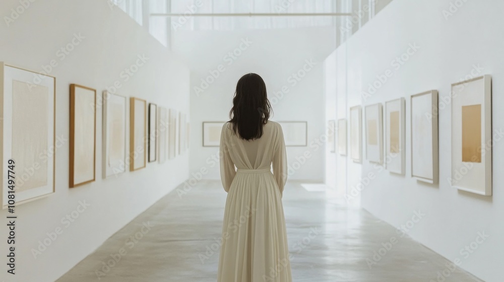 A woman in a white dress stands in front of a wall of paintings. She is looking at the paintings A woman in a white dress stands in front of a wall of paintings. She is looking at the paintings