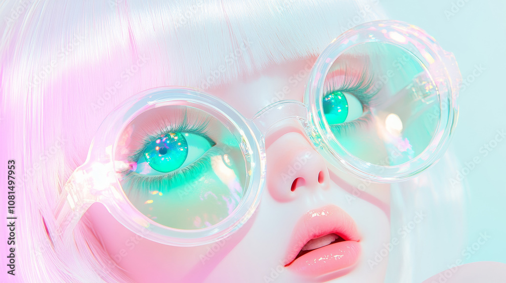 3D animel girl kawaii doll with round glasses silver white hair on pink and teal pastel colored cartoon fashion background. pop art glossy adorable makeup futuristic solarpunk cute wallpaper 3D animel girl kawaii doll with round glasses silver white hair on pink and teal pastel colored cartoon fashion background. pop art glossy adorable makeup futuristic solarpunk cute wallpaper
