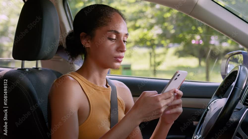 Bored African American woman female girl businesswoman car automobile transportation vehicle fatigued tired exhausted browsing mobile phone smartphone online boring inside gadget dissatisfied business Bored African American woman female girl businesswoman car automobile transportation vehicle fatigued tired exhausted browsing mobile phone smartphone online boring inside gadget dissatisfied business