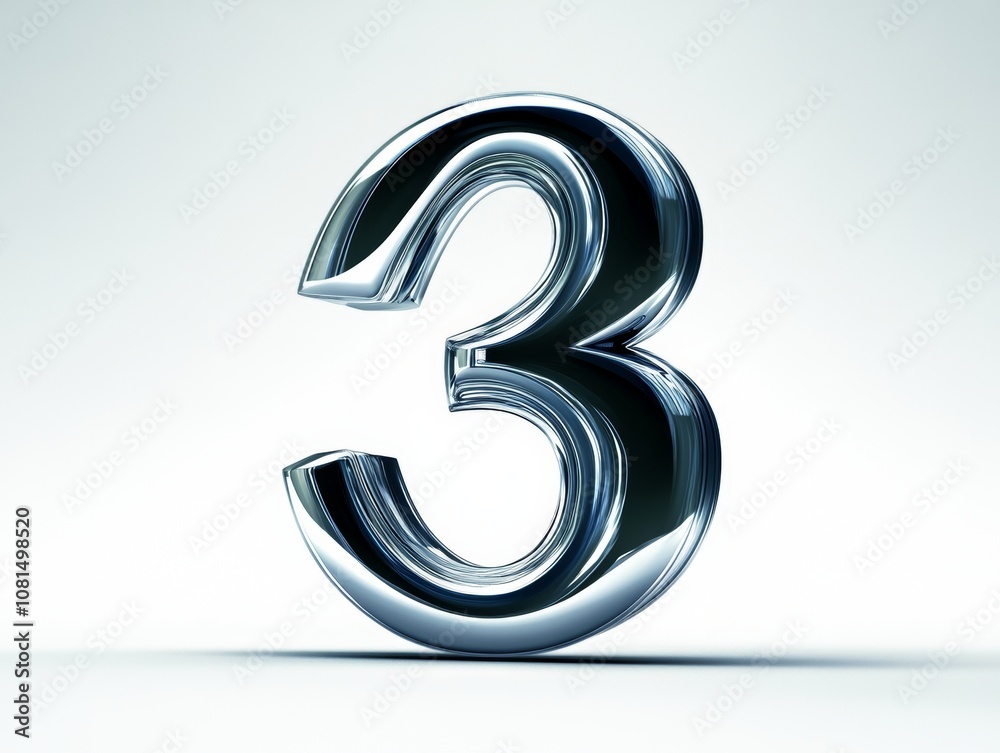 A shiny, three-dimensional number three with a reflective surface. A shiny, three-dimensional number three with a reflective surface.