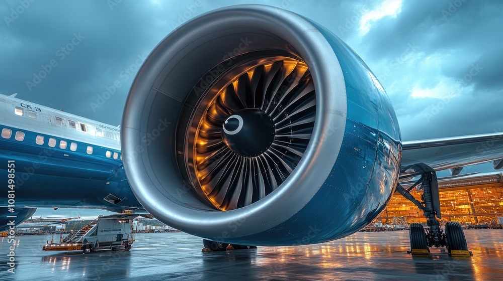 Close-up of a powerful airplane engine on the tarmac at sunset. Close-up of a powerful airplane engine on the tarmac at sunset.