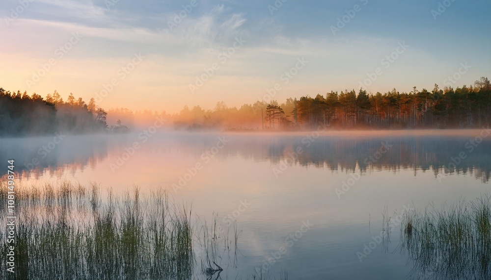 Misty Morning on a Tranquil Lake With Rolling Fog Hovering Over the Water and a Distant Forest Just Visible Through the Hazy Light of Dawn