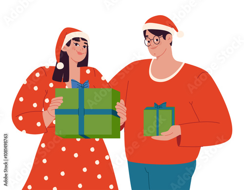 Young couple, a man and a woman wearing Santa hats, stand upright and hold boxes with ribbons in their hands. People with gifts, flat vector illustration, eps10