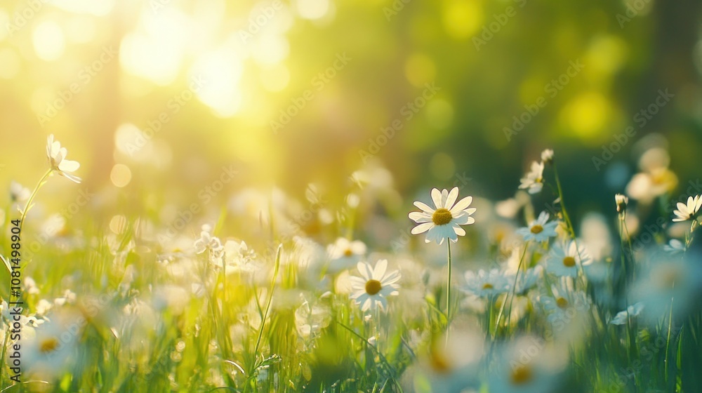 A field of white daisies with the sun shining on them. The sun is in the background A field of white daisies with the sun shining on them. The sun is in the background