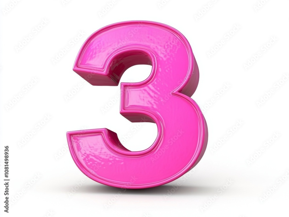 A vibrant pink number three displayed in a 3D style against a white background. A vibrant pink number three displayed in a 3D style against a white background.