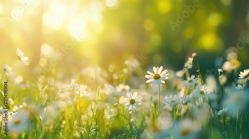 A field of white daisies with the sun shining on them. The sun is in the background