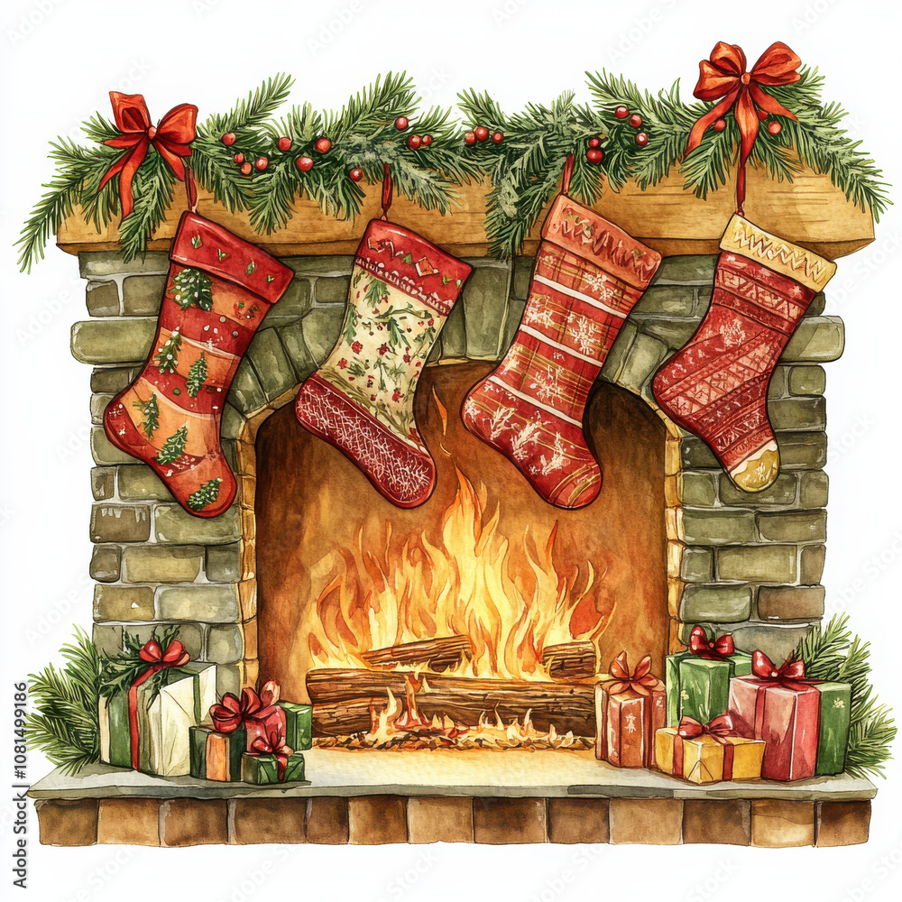 Fototapeta premium Cozy fireplace adorned with festive stockings and Christmas gifts, creating warm holiday atmosphere