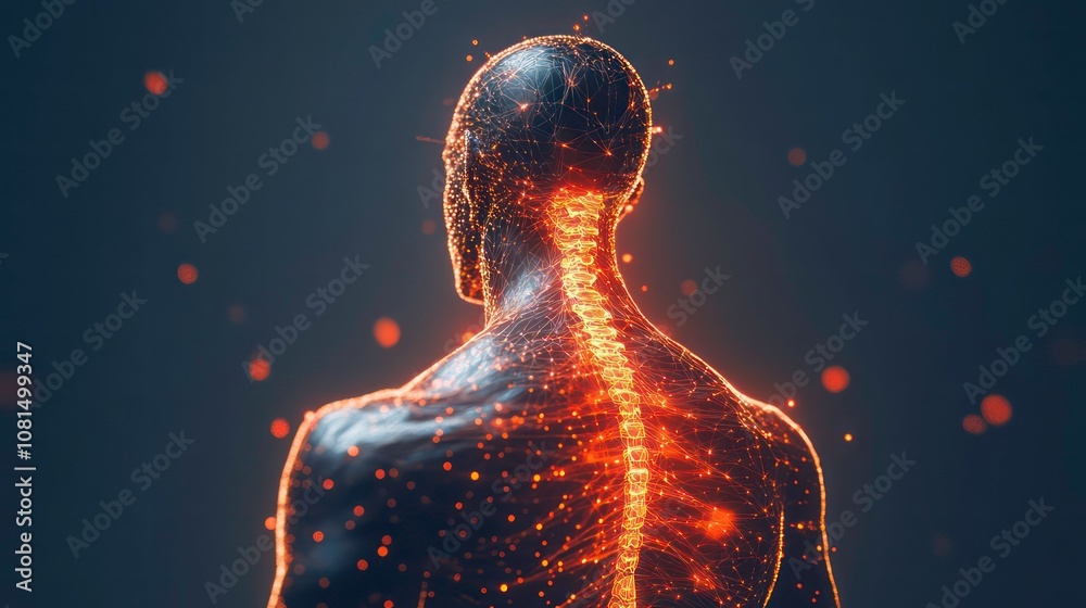 Human body with glowing red shoulders and spine, highlighting neural ...