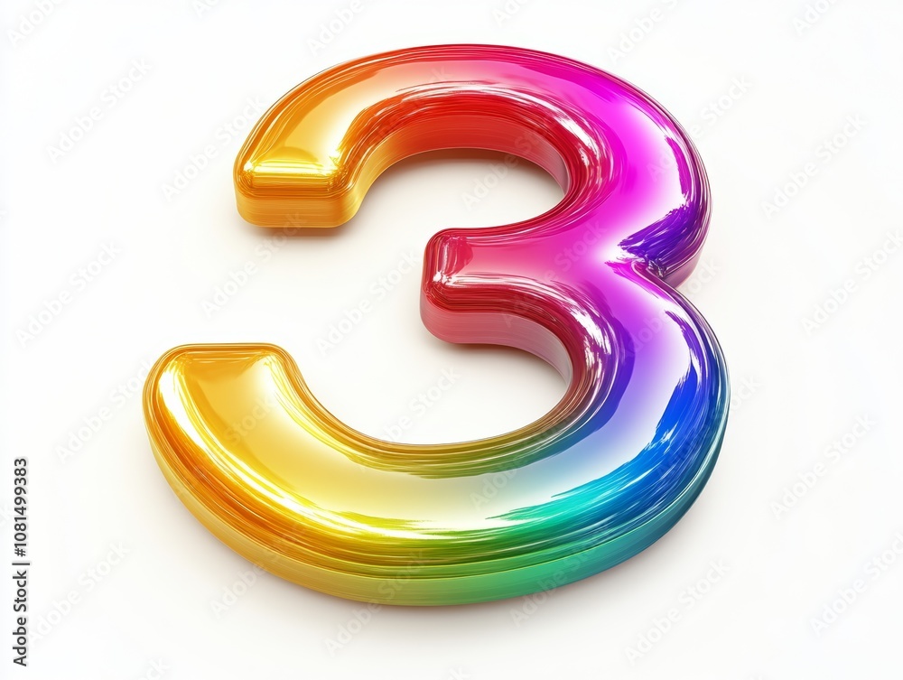 A colorful, glossy number three rendered in a rainbow gradient. A colorful, glossy number three rendered in a rainbow gradient.