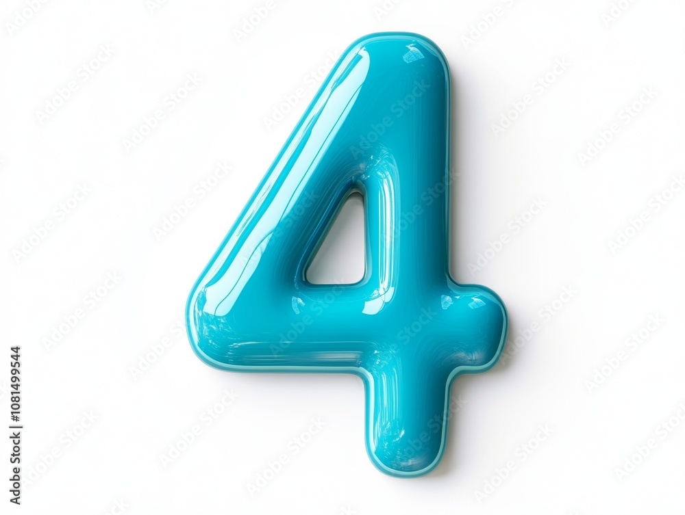 A glossy, three-dimensional number four in a vibrant turquoise color. A glossy, three-dimensional number four in a vibrant turquoise color.