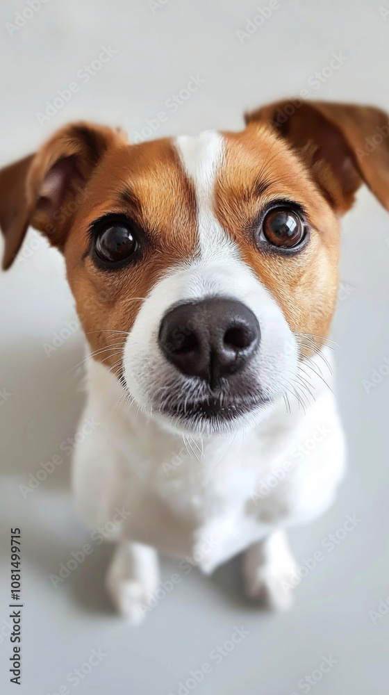 A cute dog puppy on simple background looks at camera simple beige background with copy space. pet fashion portrait minimalism adorable wallpaper A cute dog puppy on simple background looks at camera simple beige background with copy space. pet fashion portrait minimalism adorable wallpaper