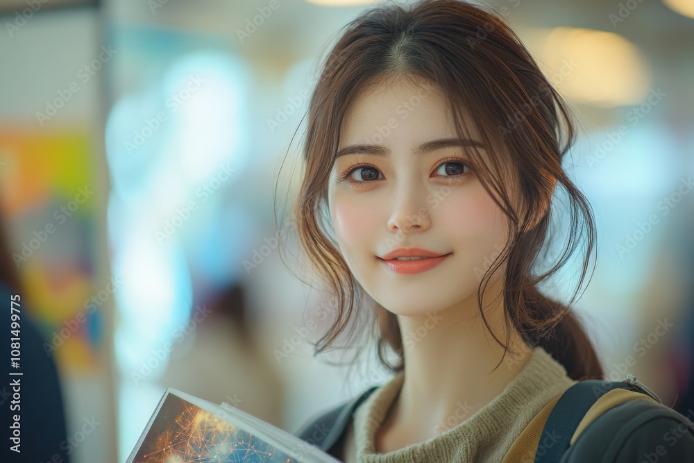 A young woman with a gentle smile holds a book in a warm and inviting atmosphere, exuding calmness and friendliness.
A young woman with a gentle smile holds a book in a warm and inviting atmosphere, exuding calmness and friendliness.