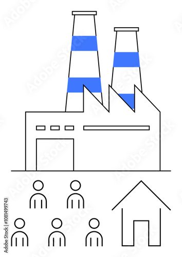 Industrial factory with striped chimneys five simplistic human figures, and single house. Ideal for manufacturing, economy, industrialization, workforce, community, production, development. Line