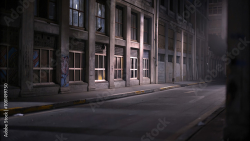 City street at night with broken windows and graffiti on walls, symbolizing urban violence and the impact of social issues on community environments.