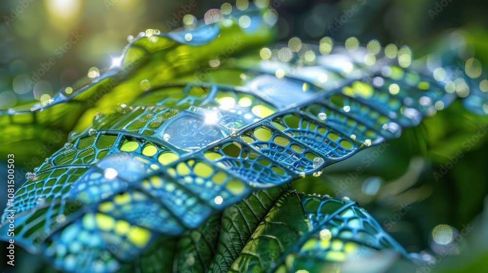 Close-up of a leaf with dew drops reflecting sunlight. Close-up of a leaf with dew drops reflecting sunlight.