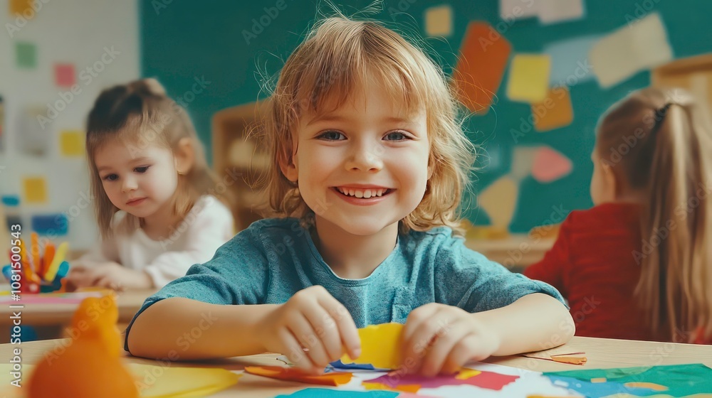 Fototapeta premium Happy smiling kids are doing arts and crafts in day care centre together. Education concept