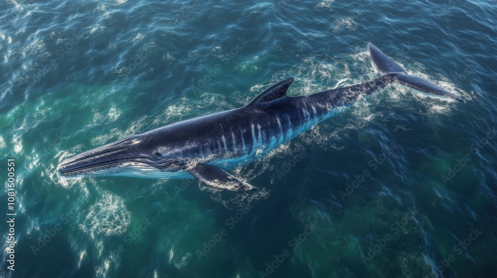 Fototapeta premium A large Blue Whale glides on the ocean surface, surrounded by sunlight sparkling on calm waters.