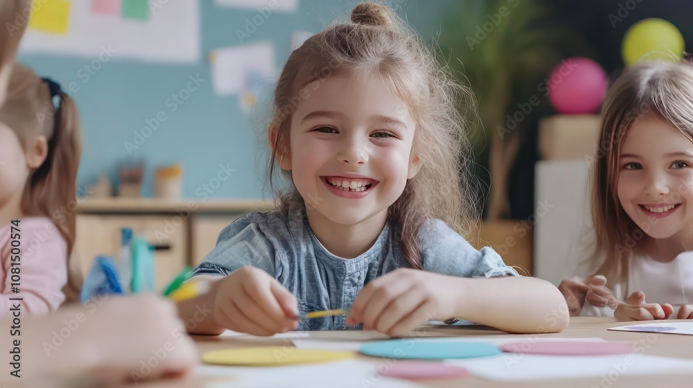 A smiling little girl sits at a table with her classmates, working on a craft project, looking directly at the camera. A smiling little girl sits at a table with her classmates, working on a craft project, looking directly at the camera.