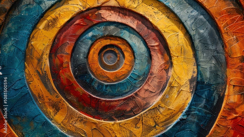 Fototapeta premium A colorful abstract background with concentric circles in yellow, blue, orange, and red hues.
