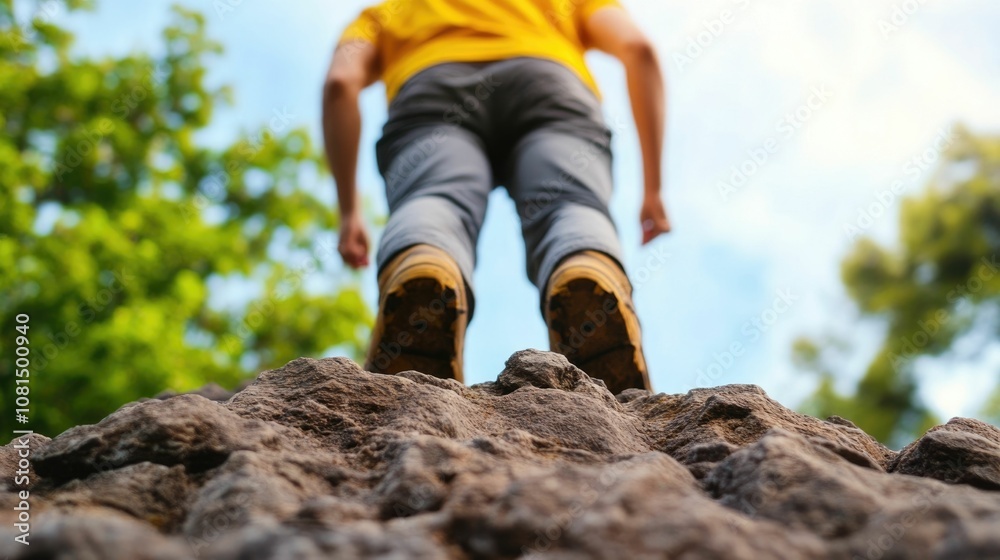 Determined Climber Scaling Steep Mountain Terrain Overcoming Feelings of Overwhelm and Pressure with Resilience and Perseverance to Reach the Summit and Achieve Personal Growth Determined Climber Scaling Steep Mountain Terrain Overcoming Feelings of Overwhelm and Pressure with Resilience and Perseverance to Reach the Summit and Achieve Personal Growth