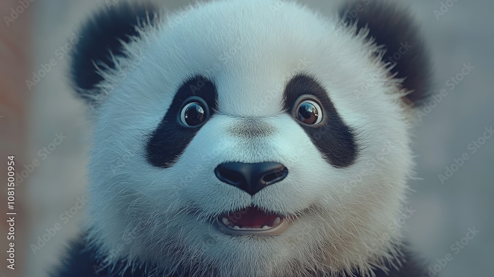 Obraz premium An expressive Giant Panda with wide eyes displaying curiosity and charm with its fluffy black and white fur.