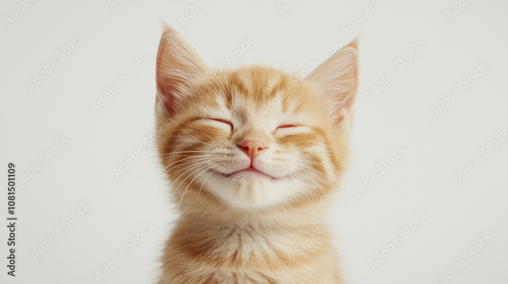A cute cat on simple white background smile relax looks background with copy space. pet fashion portrait minimalism adorable wallpaper A cute cat on simple white background smile relax looks background with copy space. pet fashion portrait minimalism adorable wallpaper