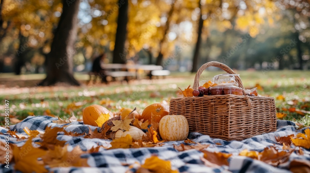Autumnal Picnic Basket with Pumpkins and Fall Foliage Autumnal Picnic Basket with Pumpkins and Fall Foliage