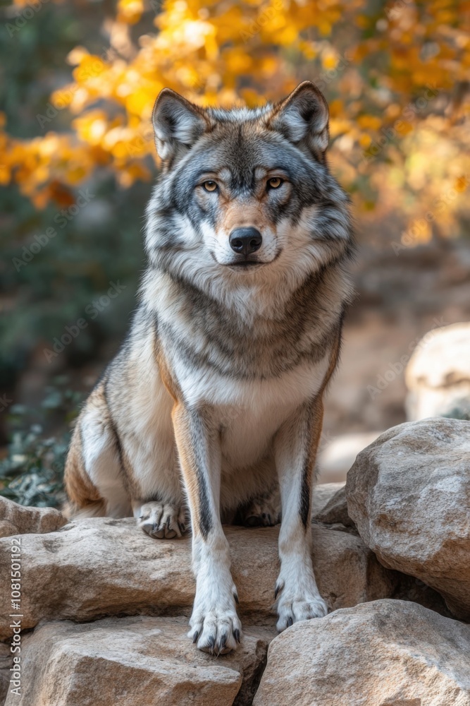A majestic Gray Wolf sits on a rocky ledge, surrounded by the golden hues of autumn leaves in a peaceful woodland setting.
A majestic Gray Wolf sits on a rocky ledge, surrounded by the golden hues of autumn leaves in a peaceful woodland setting.
