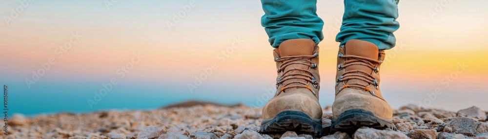 A person stands on rocky terrain, wearing hiking boots with a beautiful sunset over the water in the background. A person stands on rocky terrain, wearing hiking boots with a beautiful sunset over the water in the background.