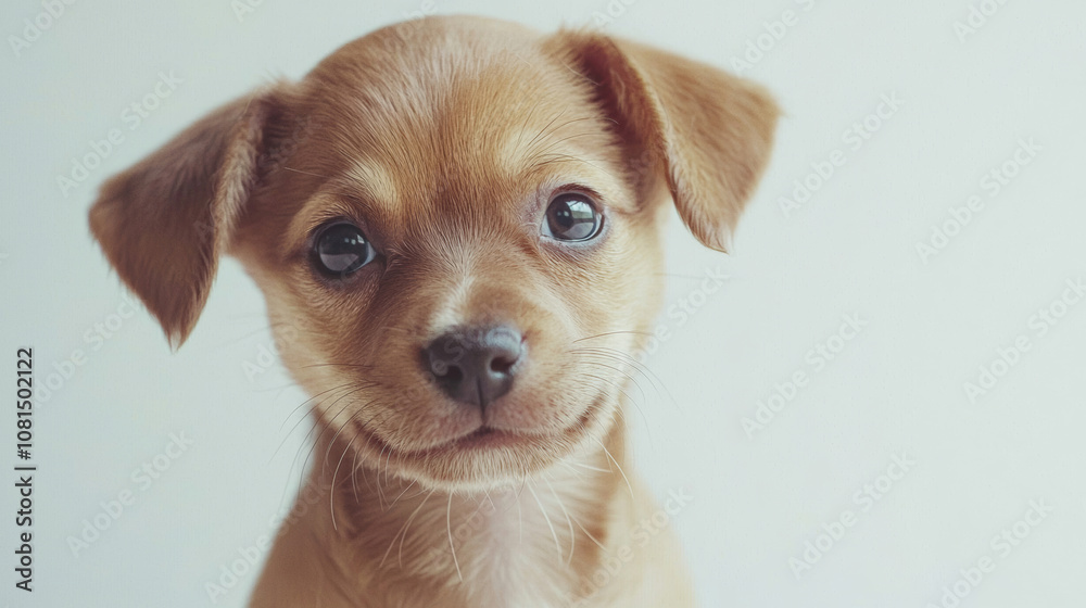 A cute dog puppy on simple white background looks at camera background with copy space. pet fashion portrait minimalism adorable wallpaper A cute dog puppy on simple white background looks at camera background with copy space. pet fashion portrait minimalism adorable wallpaper