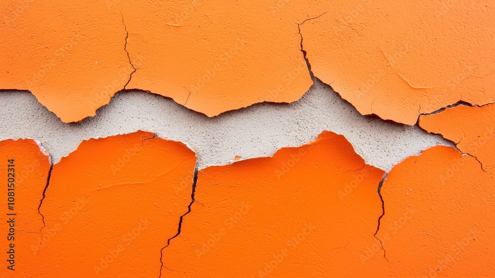 Obraz premium A close-up of cracked orange paint on a wall, revealing a textured surface beneath, showcasing the effects of aging and wear.