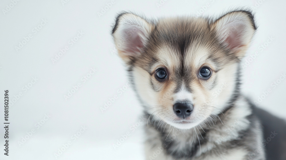 A cute dog puppy on simple white background looks at camera background with copy space. pet fashion portrait minimalism adorable wallpaper 