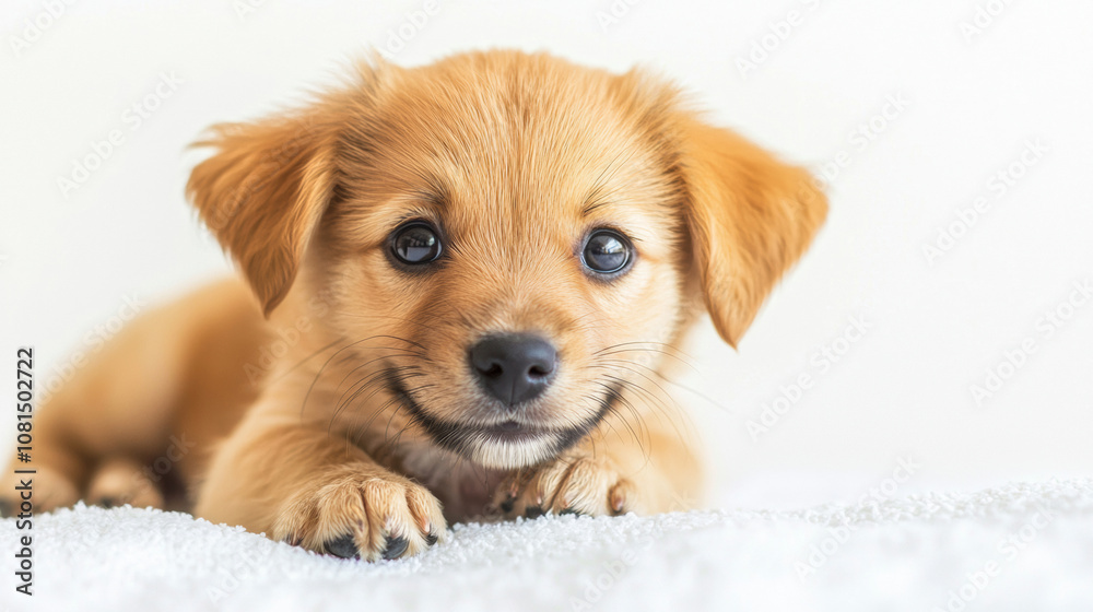 A cute dog puppy on simple white background looks at camera background with copy space. pet fashion portrait minimalism adorable wallpaper A cute dog puppy on simple white background looks at camera background with copy space. pet fashion portrait minimalism adorable wallpaper