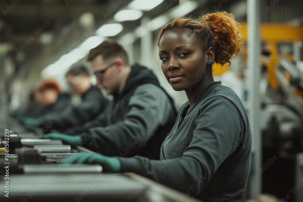 Portrait of  labor in assembly line factory, Selective focus worker stand near conveyor belt in industrial factory, Group of worker in line process factory.