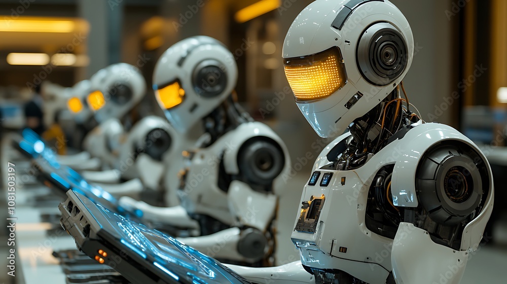 Fototapeta premium Robots operating technology modern lab digital display futuristic environment close-up view automation concept