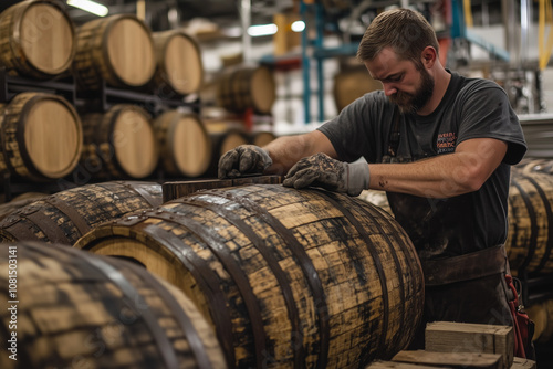 Selective focus of worker with barrel making in industrial factory, Portrait of labor man in hard wood barrel making, Barrel maker for artisan product.