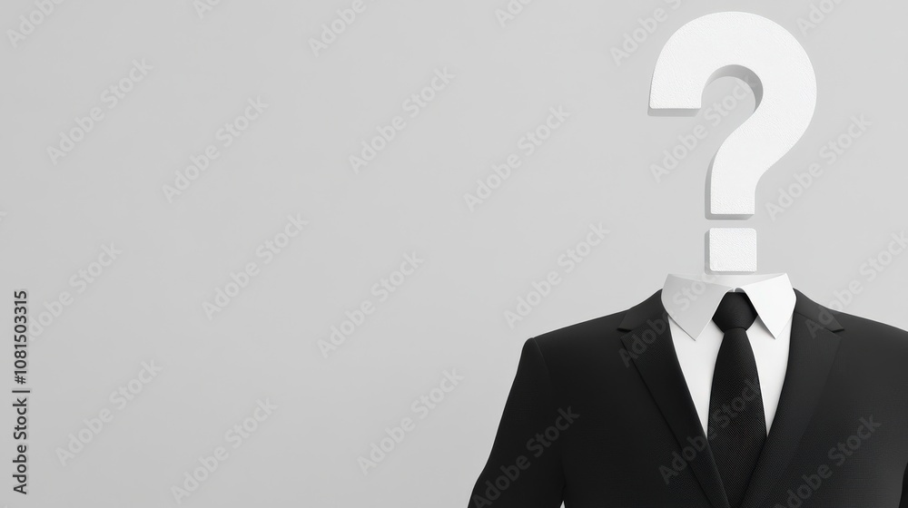 White question mark shaped like an elegant man’s head in profile, dressed in a black suit and tie, set against a solid color background White question mark shaped like an elegant man’s head in profile, dressed in a black suit and tie, set against a solid color background