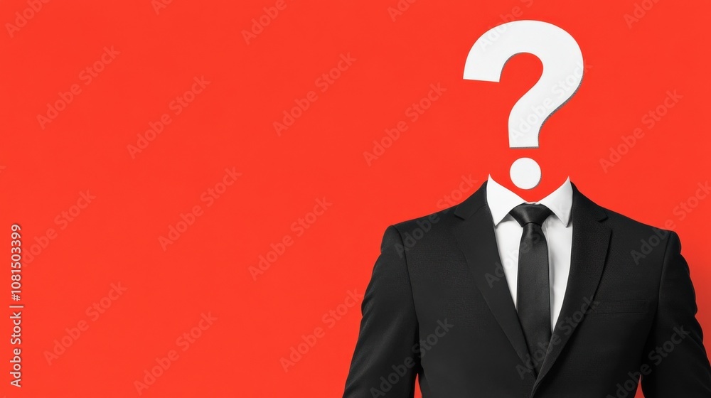White question mark shaped like an elegant man’s head in profile, dressed in a black suit and tie, set against a solid color background White question mark shaped like an elegant man’s head in profile, dressed in a black suit and tie, set against a solid color background