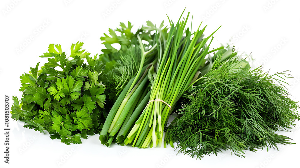 Parsley chives and dill freshly cut in an elegant display isolated in plain background Parsley chives and dill freshly cut in an elegant display isolated in plain background