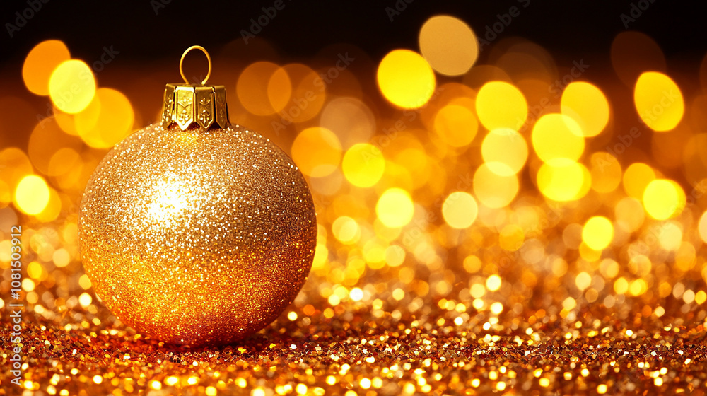 A single golden Christmas ornament with a bokeh background. A single golden Christmas ornament with a bokeh background.