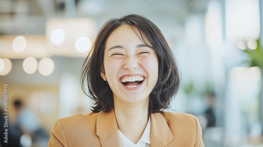Fototapeta premium Joyful Businesswoman: A portrait of a young Asian businesswoman, radiating pure joy and happiness with a wide, genuine laugh.